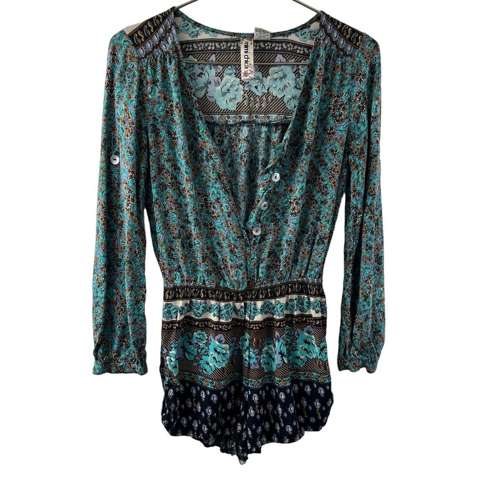 MIMI CHICA Turquoise Floral Print Roll Tab Sleeve V-Neck Button Down Romper Sz S